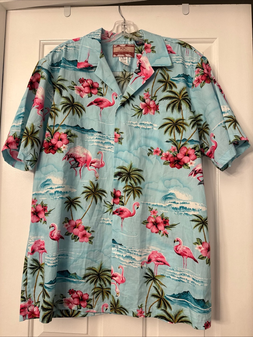 RJC Made In Hawaii USA Flamingo Tropical Hawaiian Shirt Mens Size Large Blue